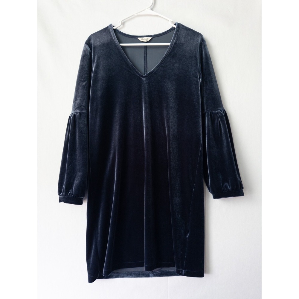 Madewell Dress Womens‎ S Blue Velvet V Neck Knee Solid Ruffle Shirt Fairy